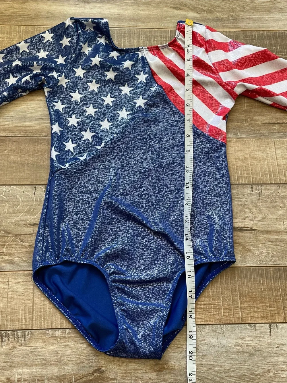 Girls Gymnastics Leotard Size 8A USA American Flag Long Sleeve Metallic Blue